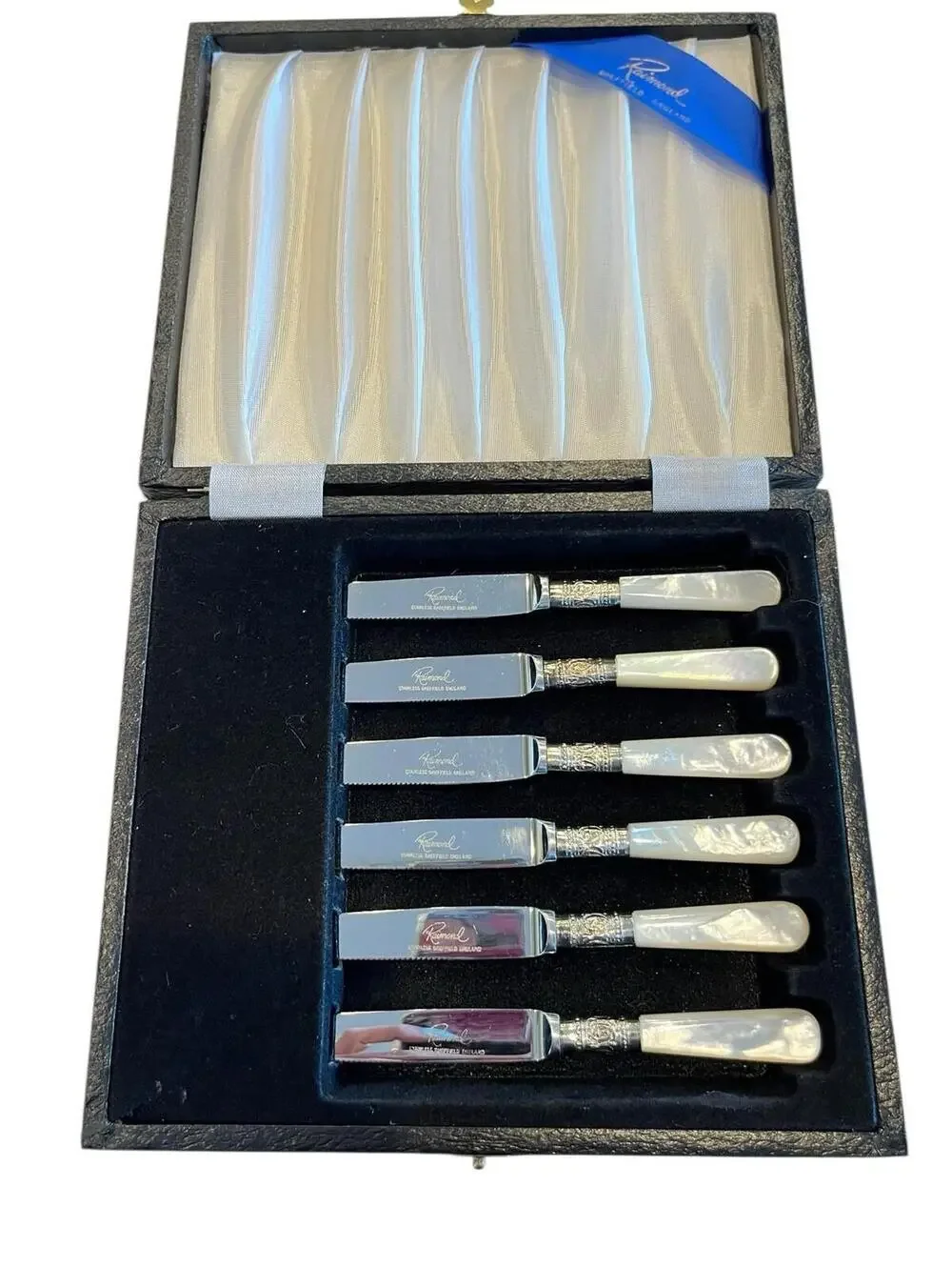 Raimond VTG Sheffield England Stainless Fruit 6 ea Knives Mother of Pearl